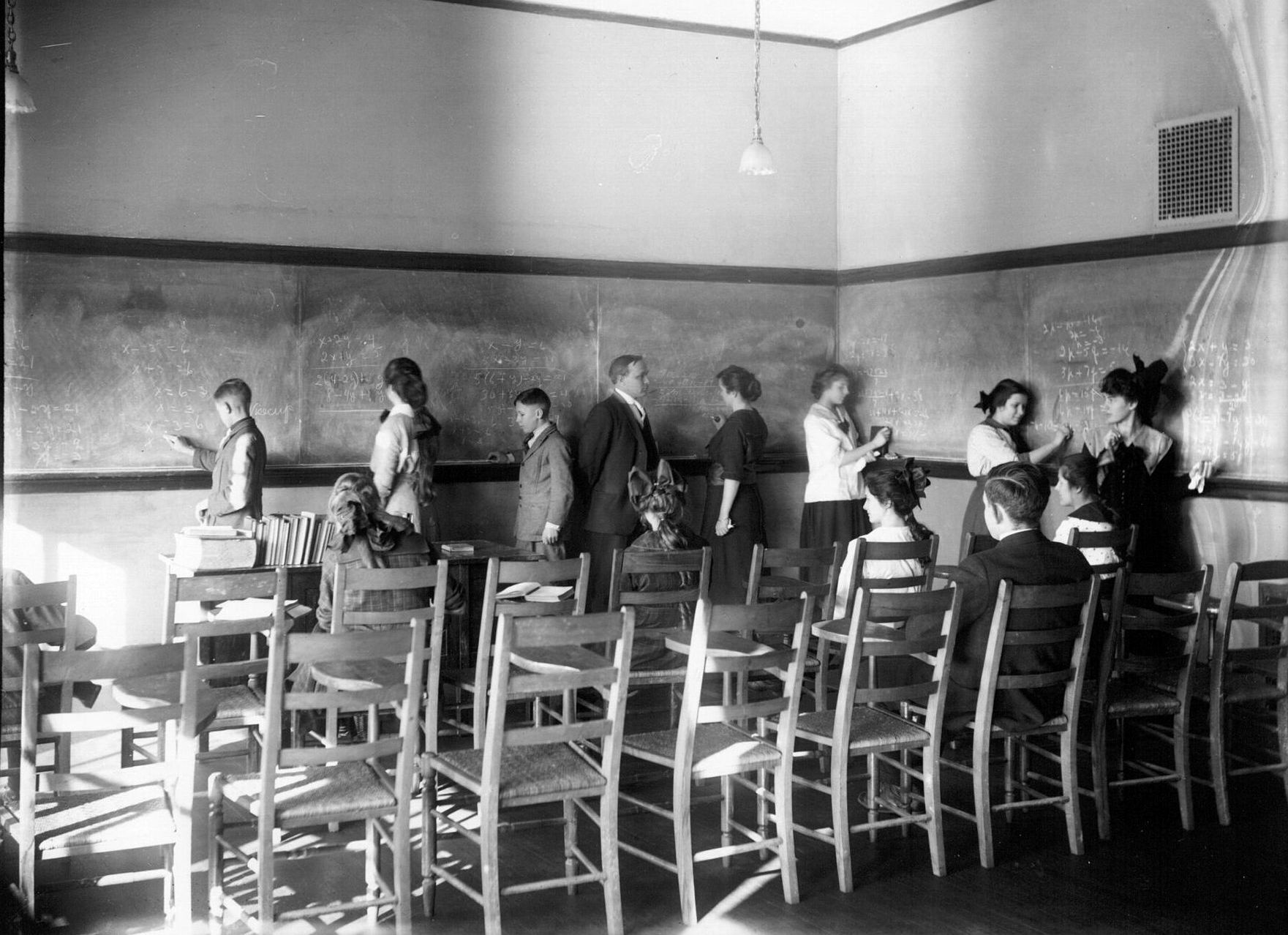 Student teachers at the blackboard, Ohio State Normal College, 1916.